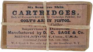 Combustible Paper Cartridge Ammunition,
for .44 caliber percussion revolvers,
packaged in period style, package of six